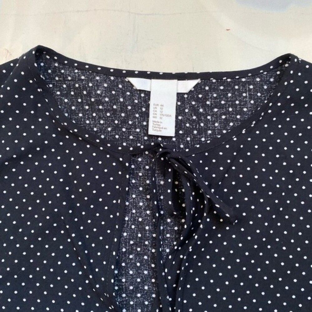 H&M Women’s Black Polka Dot Blouse Tie Neck Long Sleeve Gathered Sleeve Top - Picture 6 of 14